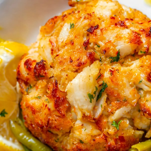 Close-up of a golden-brown crab cake garnished with parsley, lemon wedges, and green beans.