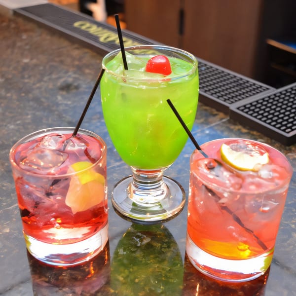 Three colorful cocktails, one green with a cherry, two red with citrus, on a bar top.