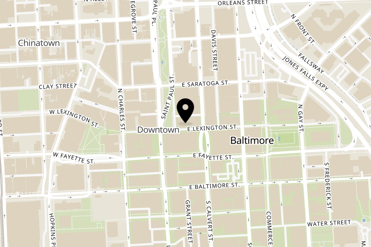 Map showing the location of Next Phaze Cafe on 112 E Lexington St in Baltimore